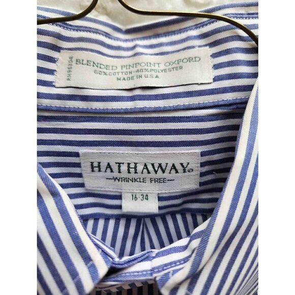 Hathaway 16-34 Men's blended pinpoint oxford USA made blue white striped button - Picture 3 of 5